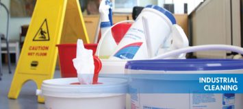 Various industrial cleaning equipment and caution wet floor yellow sign