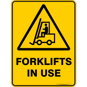 Forklifts in use safety sign black on yellow background with image
